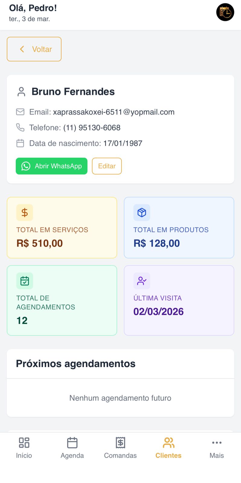 Tela do sistema Barba na Hora - Client Details