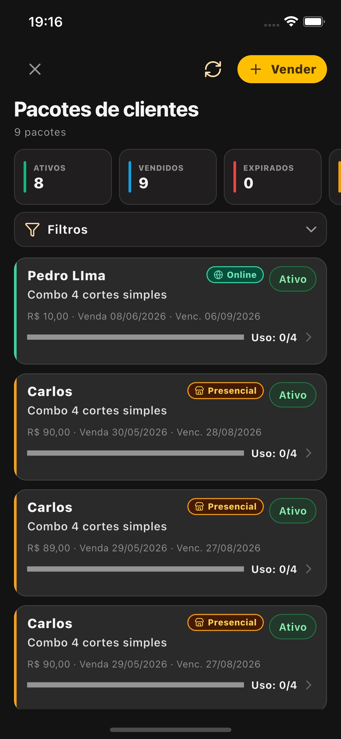 Tela do sistema Barba na Hora - Package Services